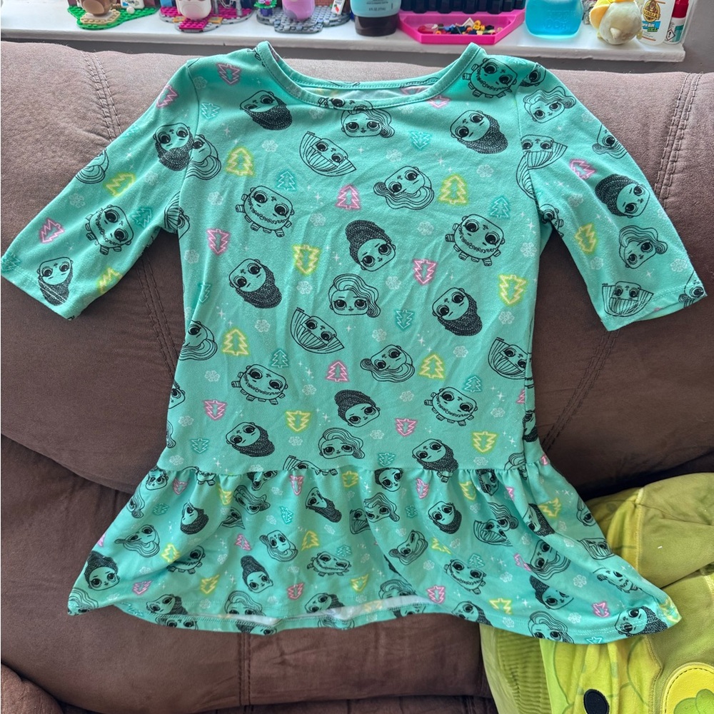 3/$6 🔥 L.O.L. Surprise! Teal 3/4 Sleeve Dress with Characters and Neon Trees